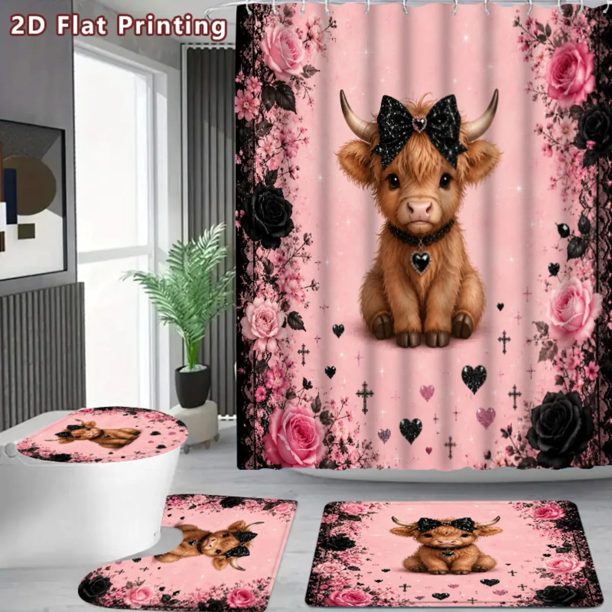 Pastel Dark Pink Shower Curtain Lovely Highland Cattle Print, Durable Waterproof Bath Curtain 12 Hooks 3pcs Floor Mat for Decor