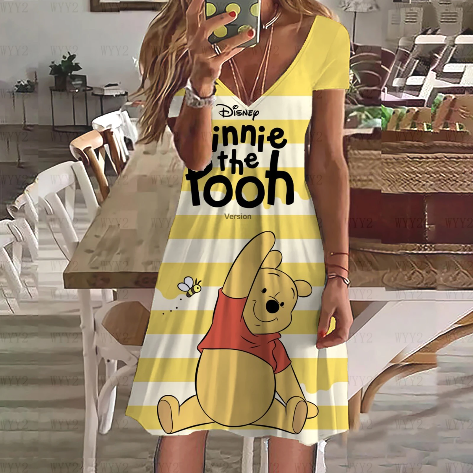 Summer new Disney Winnie the Pooh ladies printed V-neck short-sleeved dress casual simple beach wind ladies clothing