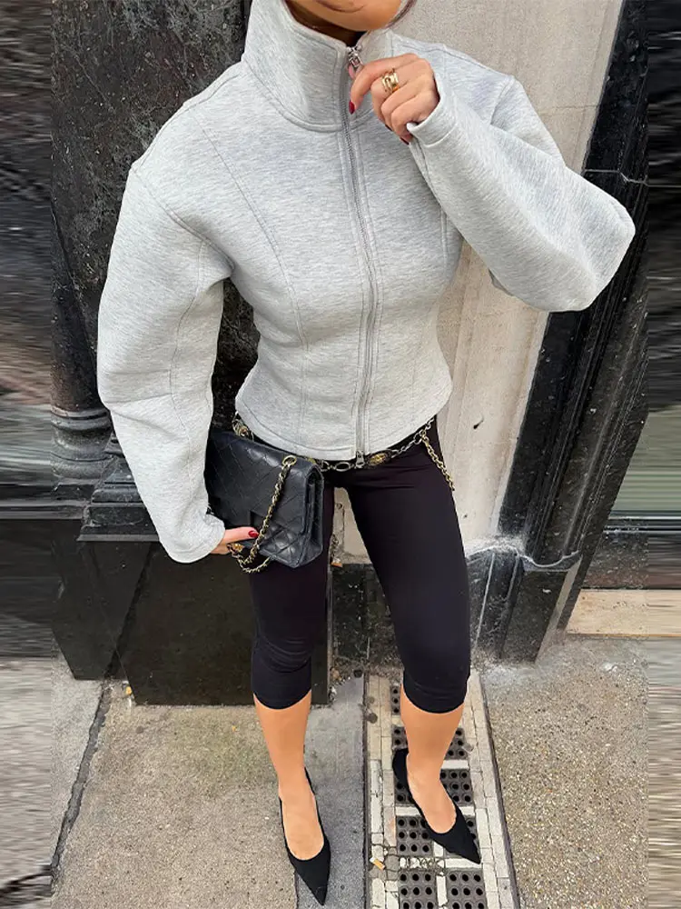 Gestrickter Damen Slim-Fit Mantel Frühling Einfarbig Rollkragen Langarm Reißverschluss Damenmäntel 2026 Herbst Lässige Streetwear Damen Oberbekleidung