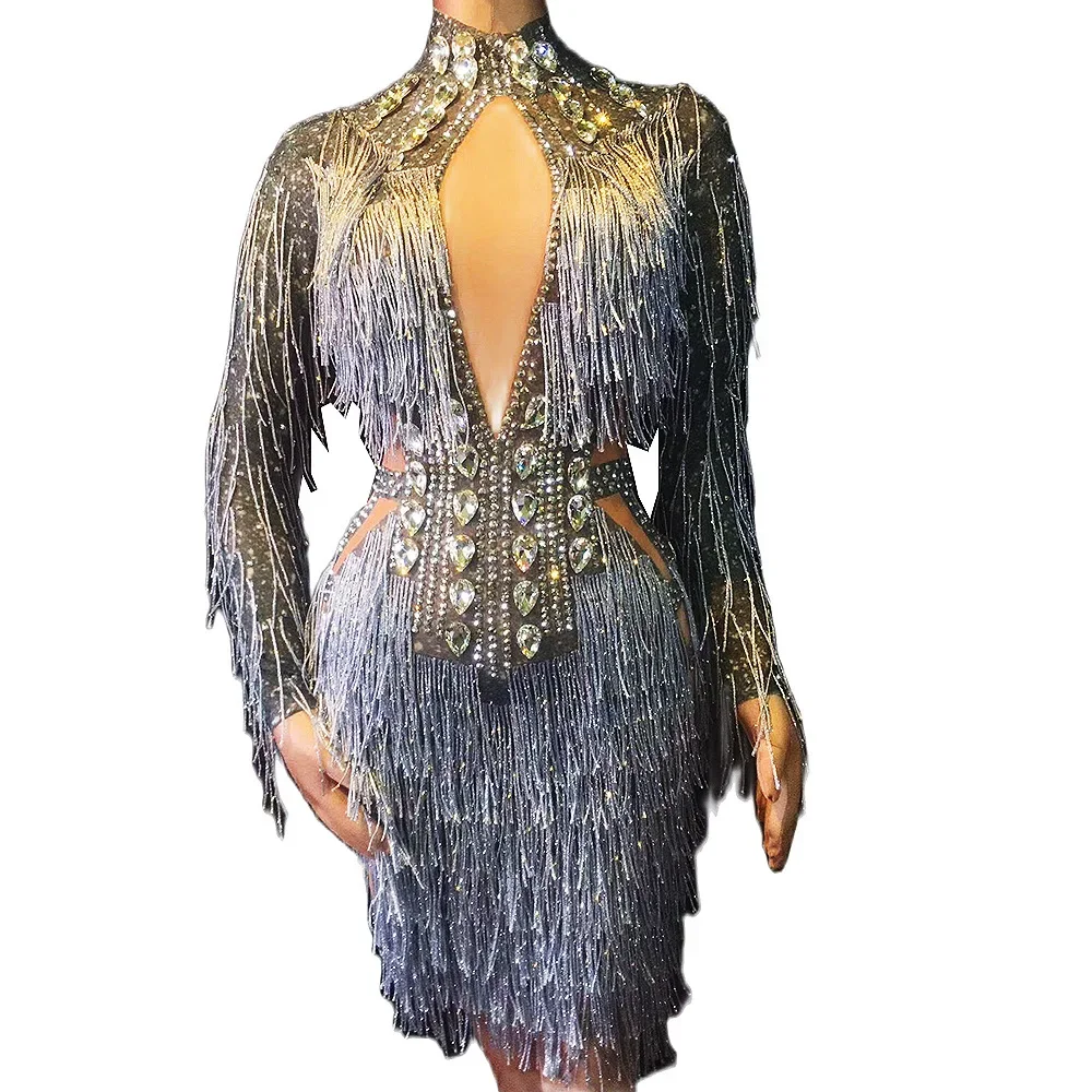 

Sparkling Rhinestone Crystal Grey Fringes Women Bodycon Evening Dresses Bling Dress Nightclub Party Show Performance Stage Wear