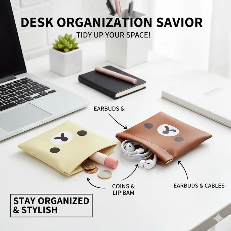 

Cute Rilakkuma Auto Closing Coin Purse Portable Storage Bag For Earphone Data Cable Travel Daily Organizer Women Girls Fans Gift