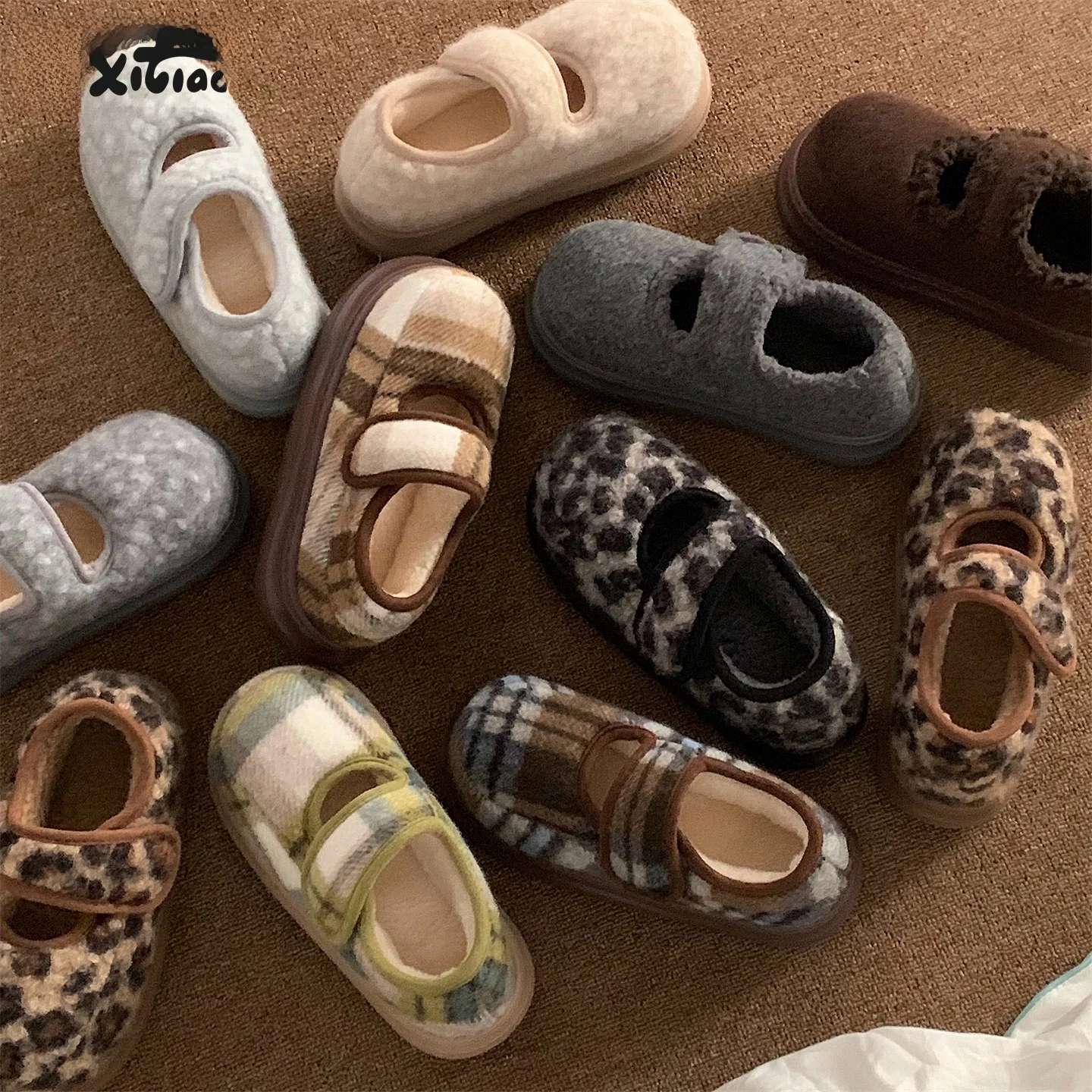 Fashionable Plaid Mary Jane Bread Cotton Shoes for Women with Magic Tape Thick Bottom Anti-Slip Autumn Winter Leopard Print C...