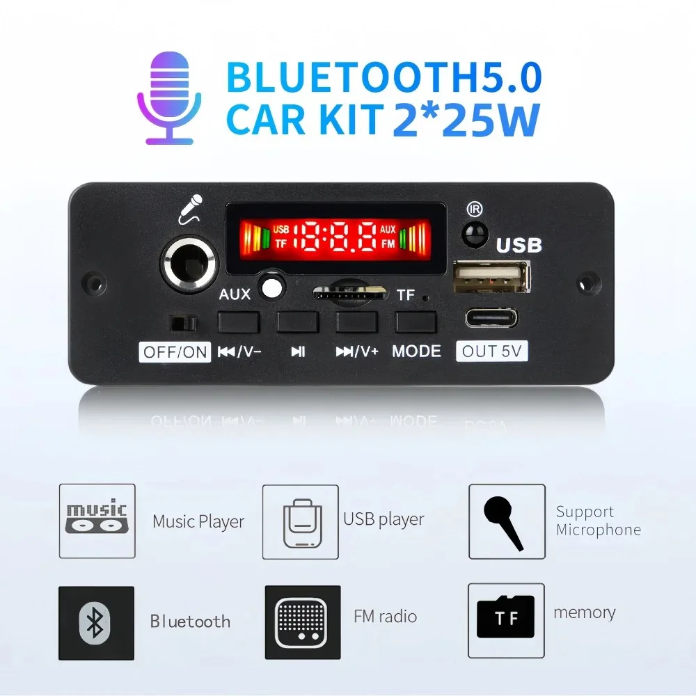 50W Amplifier Bluetooth MP3 Decoder Board 2*25W Audio Player 9V 12V DIY MP3 Player Car FM Radio Module TF USB Mic Record Call