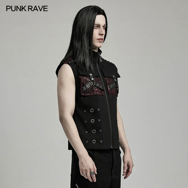 PUNK RAVE Men's Punk Personalized 3D Pockets Vest Shoulder Eyelet Drawstring Decoration Handsome Casual Tops 2 Colors Available