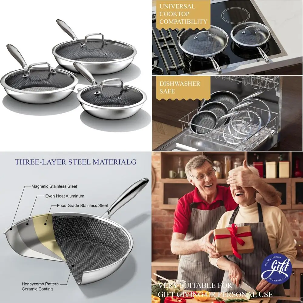 

Сковорода с антипригарным покрытием — сковорода из нержавеющей стали 8–10, 12 дюймов с крышкой из закаленного стекла, сковорода с плоским дном для приготовления газовой плиты