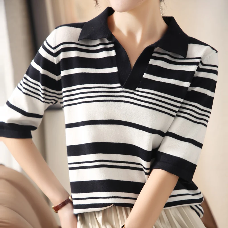 

Women's T-shirt Spring/Summer New Style 100% Cotton Knitwear Casual Striped Pullover Short Sleeve POLO Collar Tees Loose Blouse