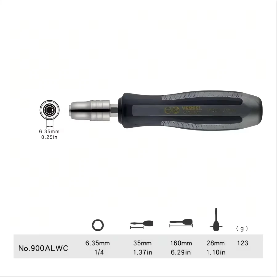 VESSEL 900ALWC 1/4 Inch Hex Screwdriver Handle Non Slip Quick Lock Bit Holder Professional Hand Repair Socket Tool