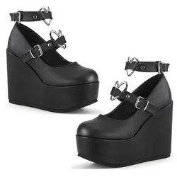 Women's Wedges Platform Mary Janes High Heel Pumps Sweet Kawaii Lolita Shoes Ankle Heart Buckle Strap Punk Goth Cosplay