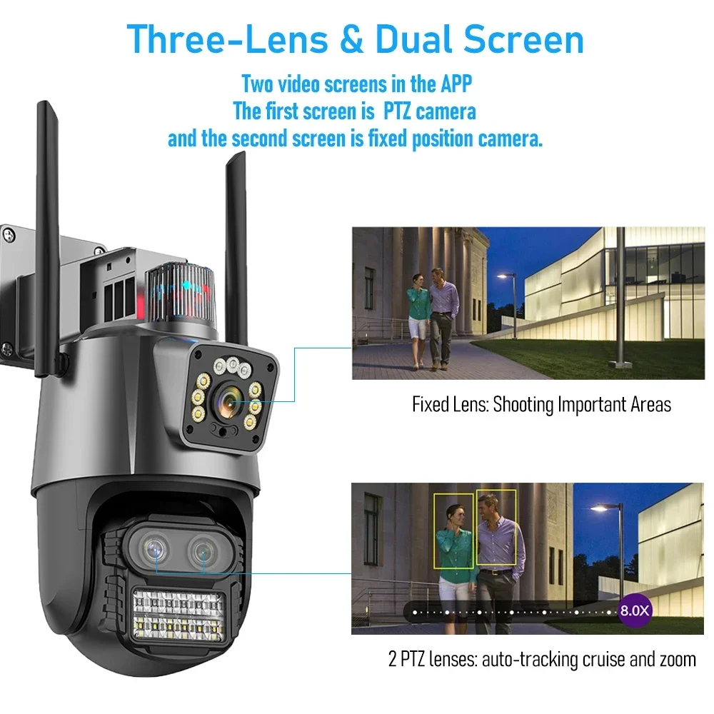 4K 9MP WIFI Surveillance Camera Outdoor 8X Hybrid Zoom 6MP IP Camera Three Lens Dual Screen Security Cam Auto Tracking NVR iCSee
