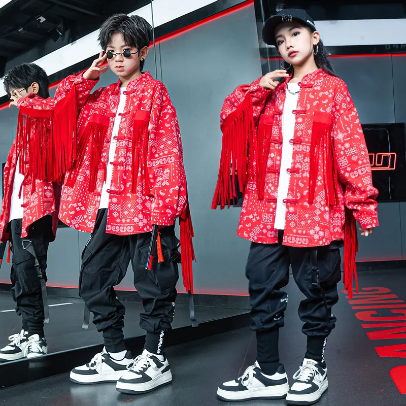 

Kids Hip Hop Jazz Clothes Sets Print Tassels Long Sleeve Red Jacket Top + Pants Teen Boys Girls Street Dance Costumes Streetwear