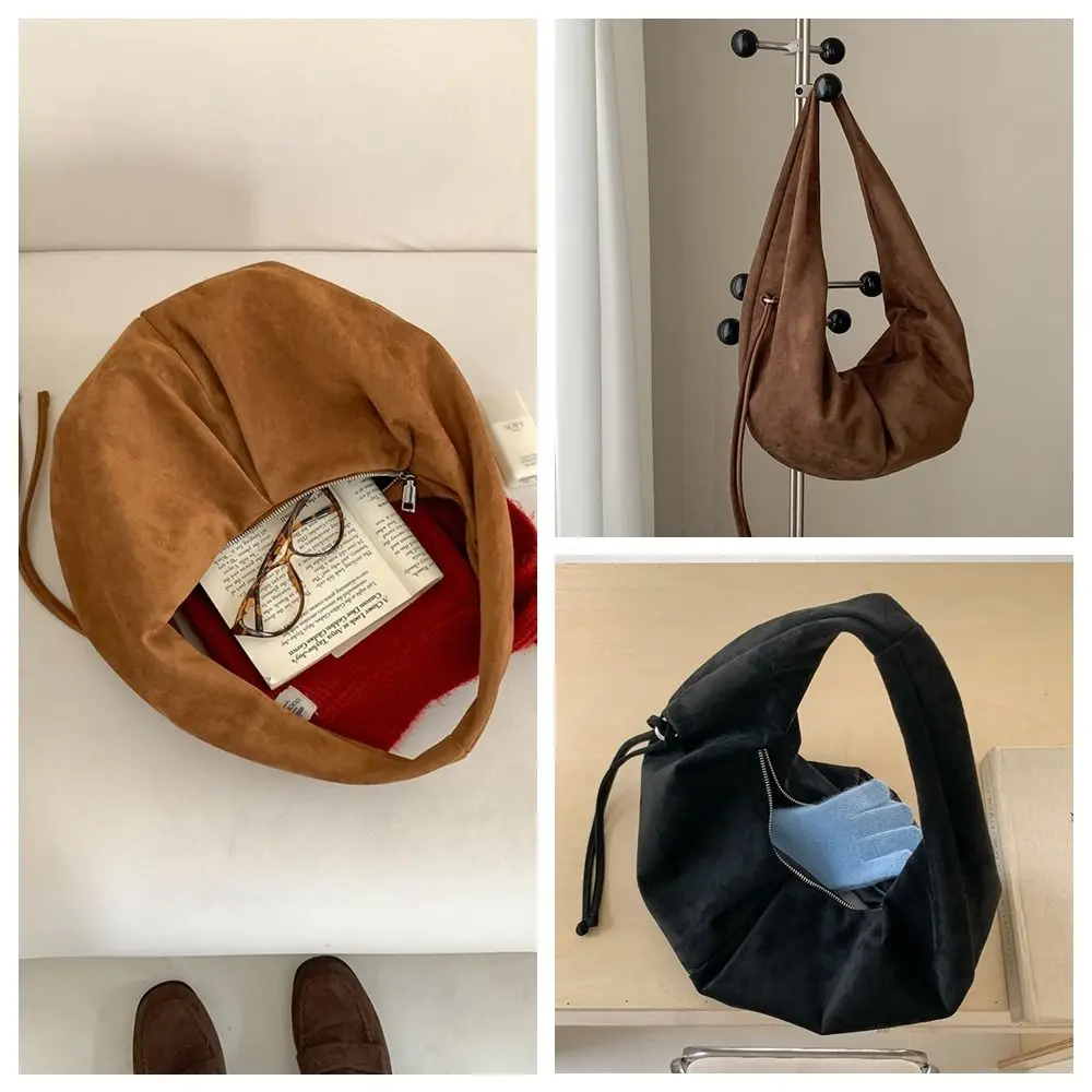 حقيبة يد مقاومة للماء من جلد الغزال حقيبة كتف سعة كبيرة بلون سادة حقيبة هلال للسيدات على الطراز الكوري حقيبة هوبو عصرية للفتيات