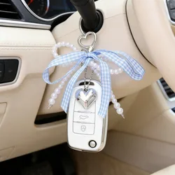 Delicate Y2K Fashion Keychain Heart Pendant Pearl Beads Pink Bow Blue Design Key Ring Anniversary Gift