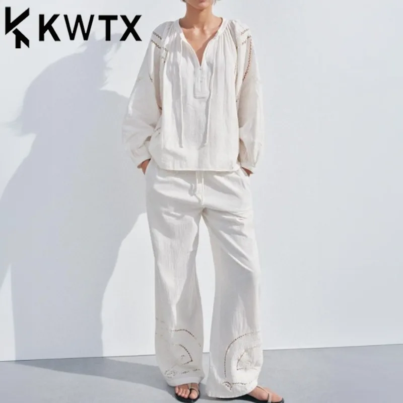 

KWTX 2025 Spring Women’s Two Piece Set White Embroidered Shirt & Casual Wide Leg Pants Elegant High Quality Resort Collection