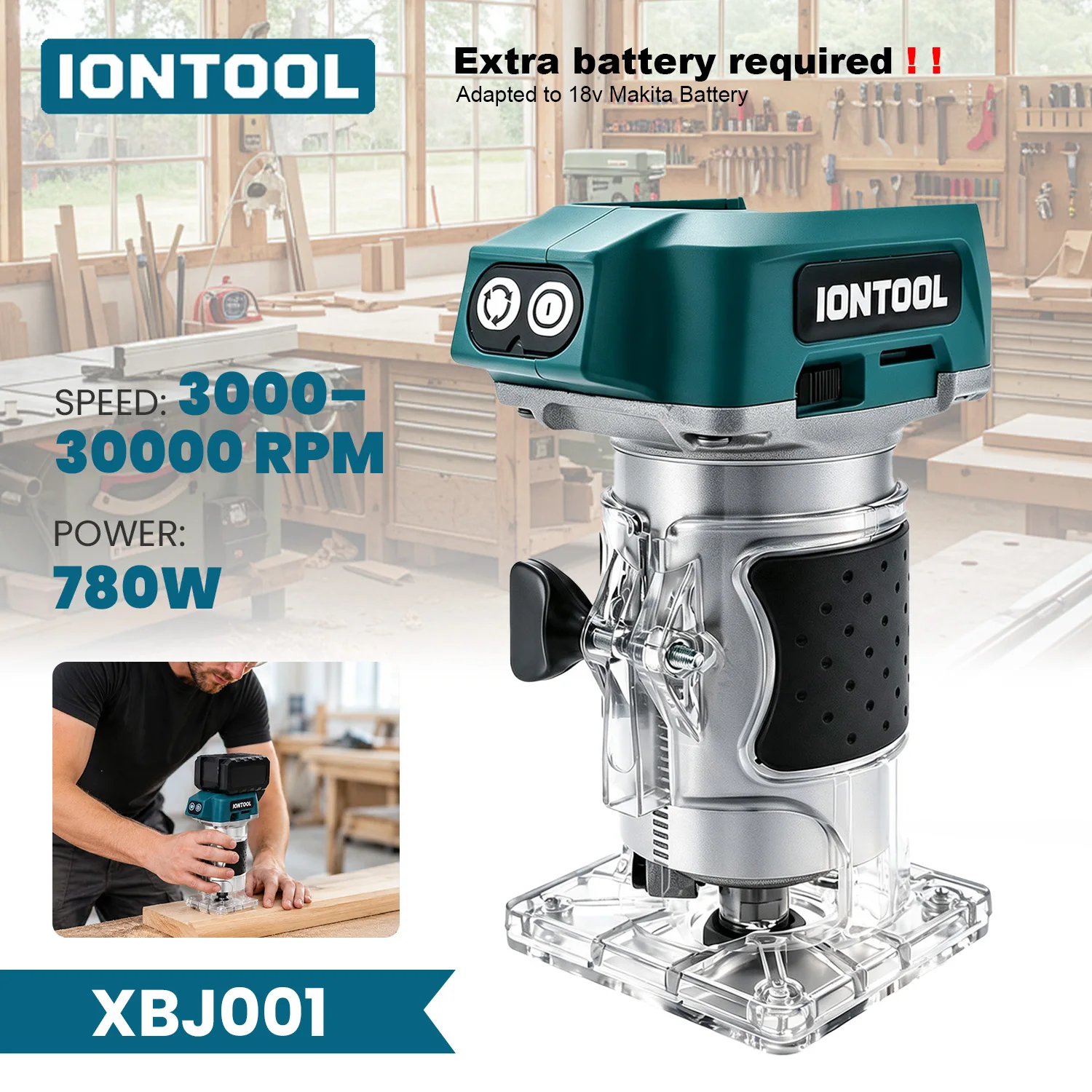 IONTOOL Compact Cordless Trim Router with LED Light for Cabinet Door Decorative Moulding and Edge Profiling Carpentry Tool