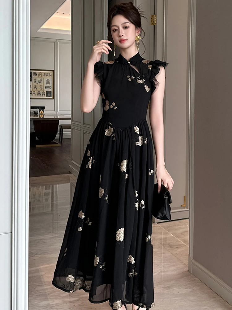 Vintage Qipao Maxi Dresses for Women Sexy Cheongsam Dress Black Sequin Embroidery Hollow Cut Out Party Robe Femme Prom Vestidos