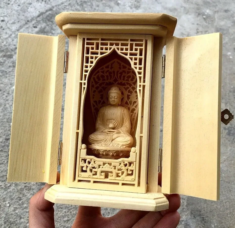 Cypress Wood Carved Sakyamuni Buddha Statue Buddhist Altar Butsudan Shrine Zen