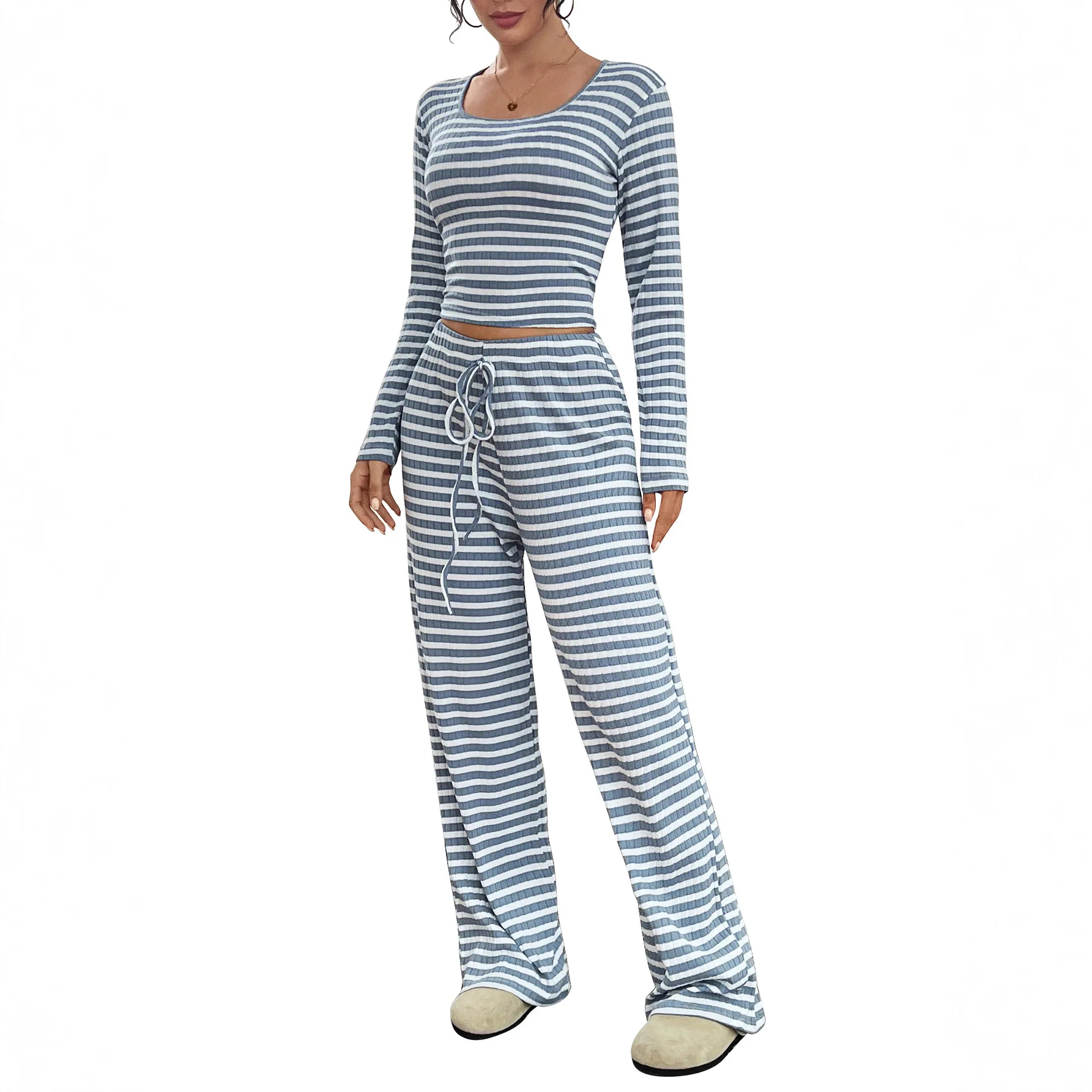 

2025 New Fashion Printed Long-sleeved Top + Wide-leg Pants Two-piece Sets For Women Autumn Shirt Lace-up Trousers Suit For Women