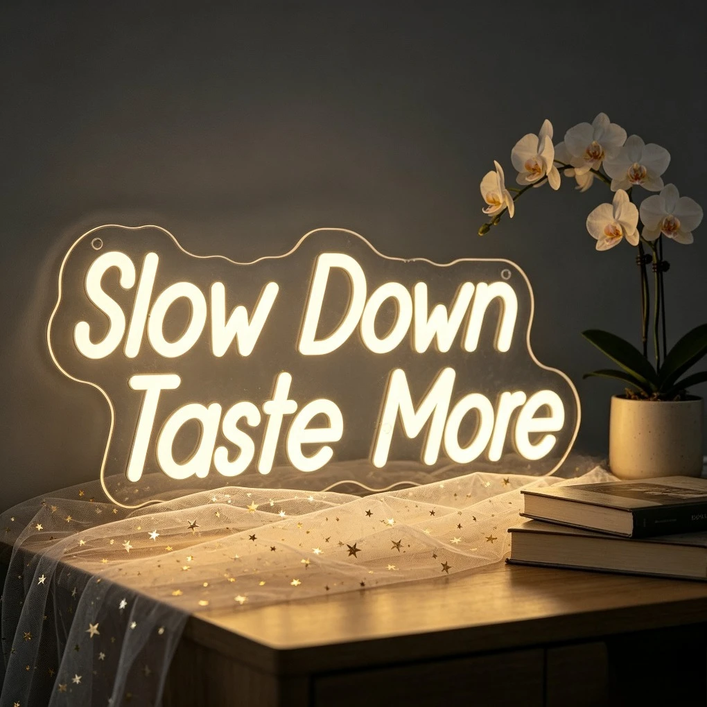

Неоновая вывеска LED «Slow Down Taste More» с USB-питанием и регулировкой яркости для кофейни, дома, кафе, уголка для чтения, ресторана