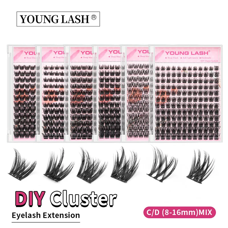 YOUNG LASH DIY zestaw do przedłużania rzęs 144, klastry Lash Mix segmentowe pojedyncze rzęsy rosyjskie artykuły objętościowe hurtowo