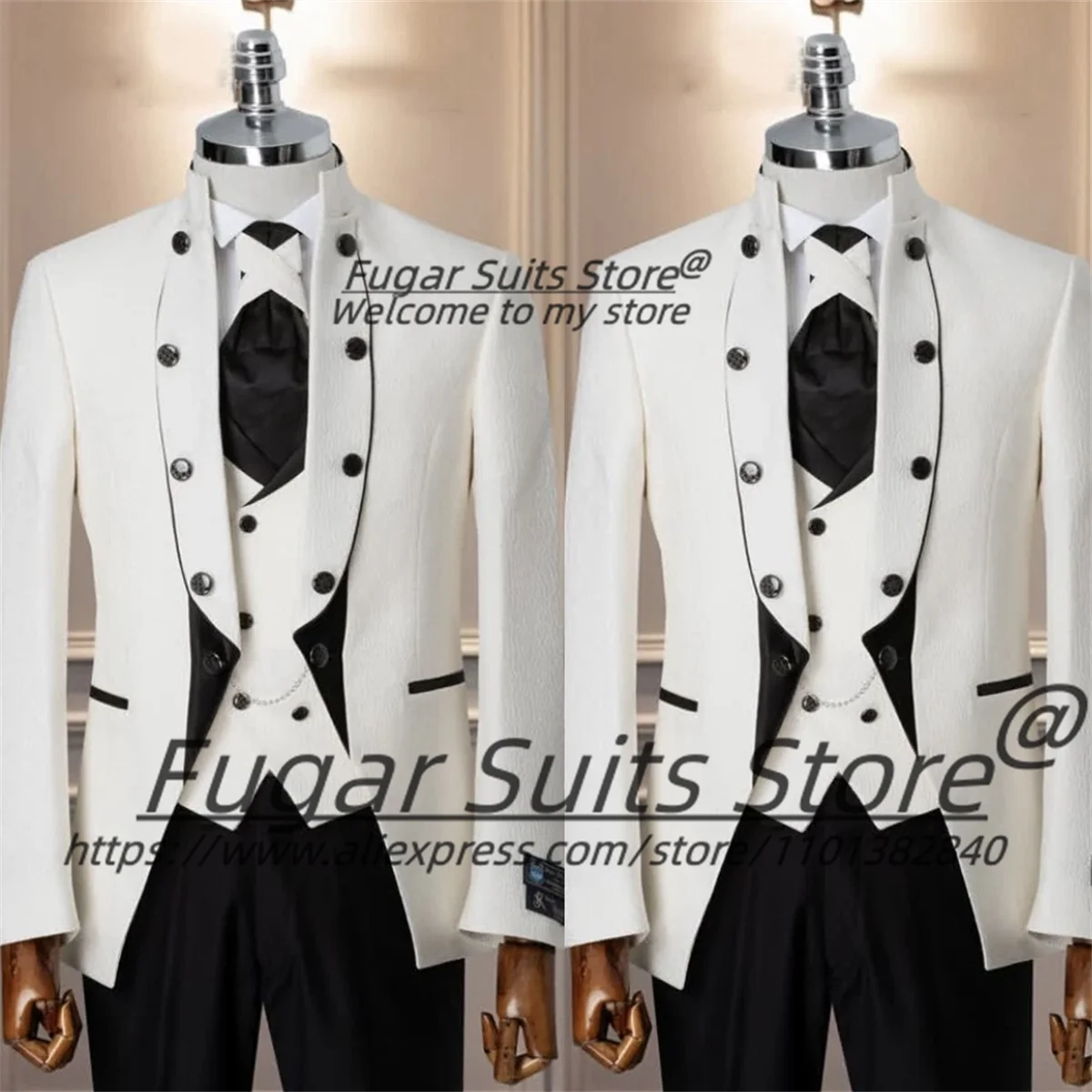 

Fashion Ivory Jacquard Men's Suits Slim Fit Formal Groom Wedding Prom Tuxedos 3Pieces Sets Male Blazers Customized Costume Homme