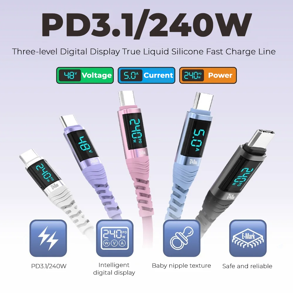 NNBILI Kabel USB C do typu C z wyświetlaczem LED Kabel do szybkiego ładowania typu C PD 240W Przewód ładujący do iPhone 15 16 Pro Macbook Pixel — zdjęcie produktu 3