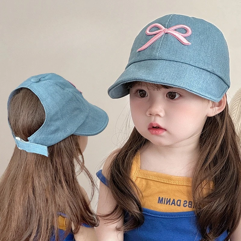 

Korean Fashion Denim Sun Hat Summer Thin Wide Brim Visor Cap Pink Bow Breathable Hollow Top Hat Kids 4-8 T Outdoor Headwear