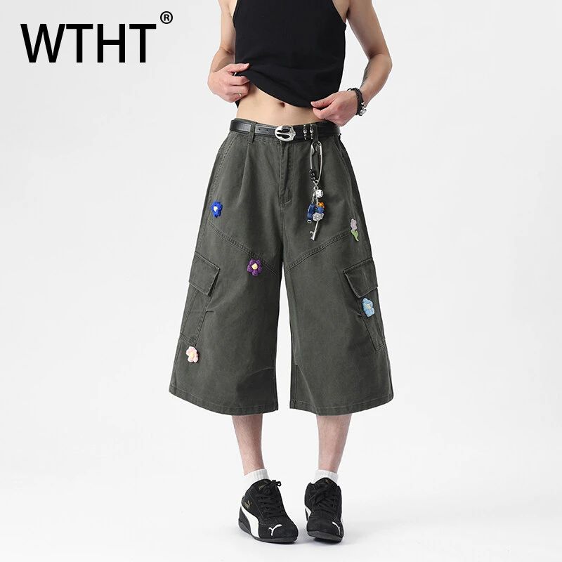 

WTHT винтажные мужские шорты-карго со сращенными цветами и большими карманами, модные летние шорты-карго с высокой талией и боковыми штанинами 2025 года, мужские 2A1211