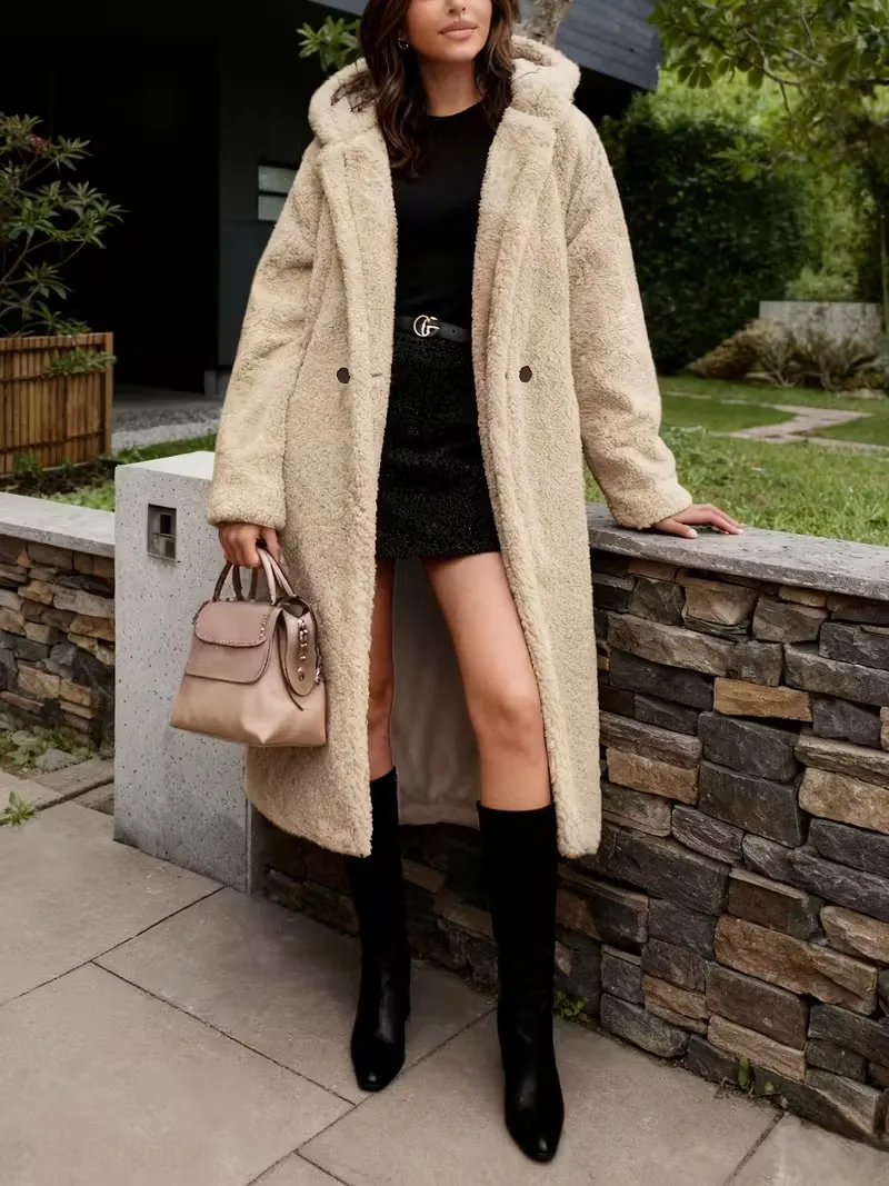 

Женская уютная куртка с капюшоном с плюшевым мишкой — длинное зимнее пальто с карманами, бежевая плюшевая пуговица спереди, застежка-молния, повседневный стиль fo