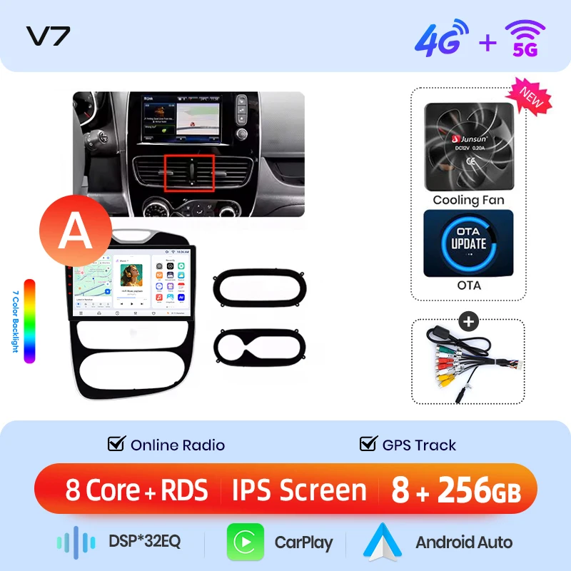 Junsun draadloze CarPlay Android Auto autoradio voor Renault Clio 4 / ZOE (Phase 1 / X98) 2012-2019 met ingebouwde koelventilator, Android GPS navigatie, multimediaspeler, WiFi, DSP, RDS, BT, SWC, IPS