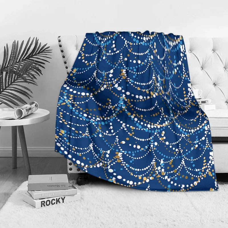 Navy Blue Polka Dot Fleece Blanket, Gold White Swirl Pattern Design, Modern Art Throw for Contemporary Living Room Decor