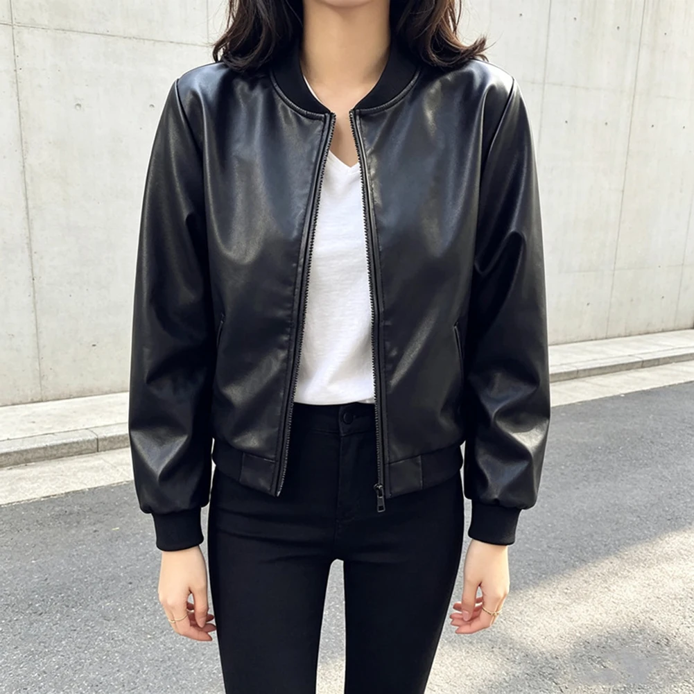 Women's For Crew Neck Short PU Leather Jacket Offering Medium Stretch and Pocket Utility for Vacation Beach and Yoga