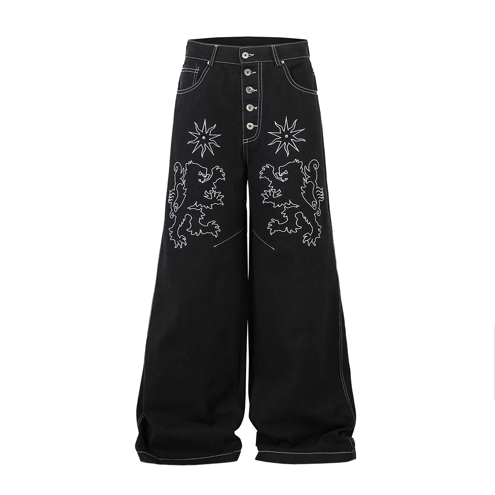 

New Fashion Embroidery Black Baggy Boot Cut Jeans Pants Mens Streetwear Vintage Loose Casual Denim Trousers Oversized