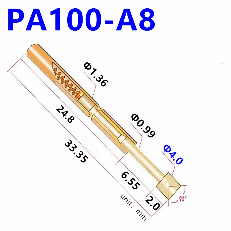 20/100PCS PA100-A8 Spring Test Probe PA100-A Test Pin Test Tool 33.35mm Dia1.36mm Gold Needle Tip 4.0mm Pogo Pin P100-A P100-A8