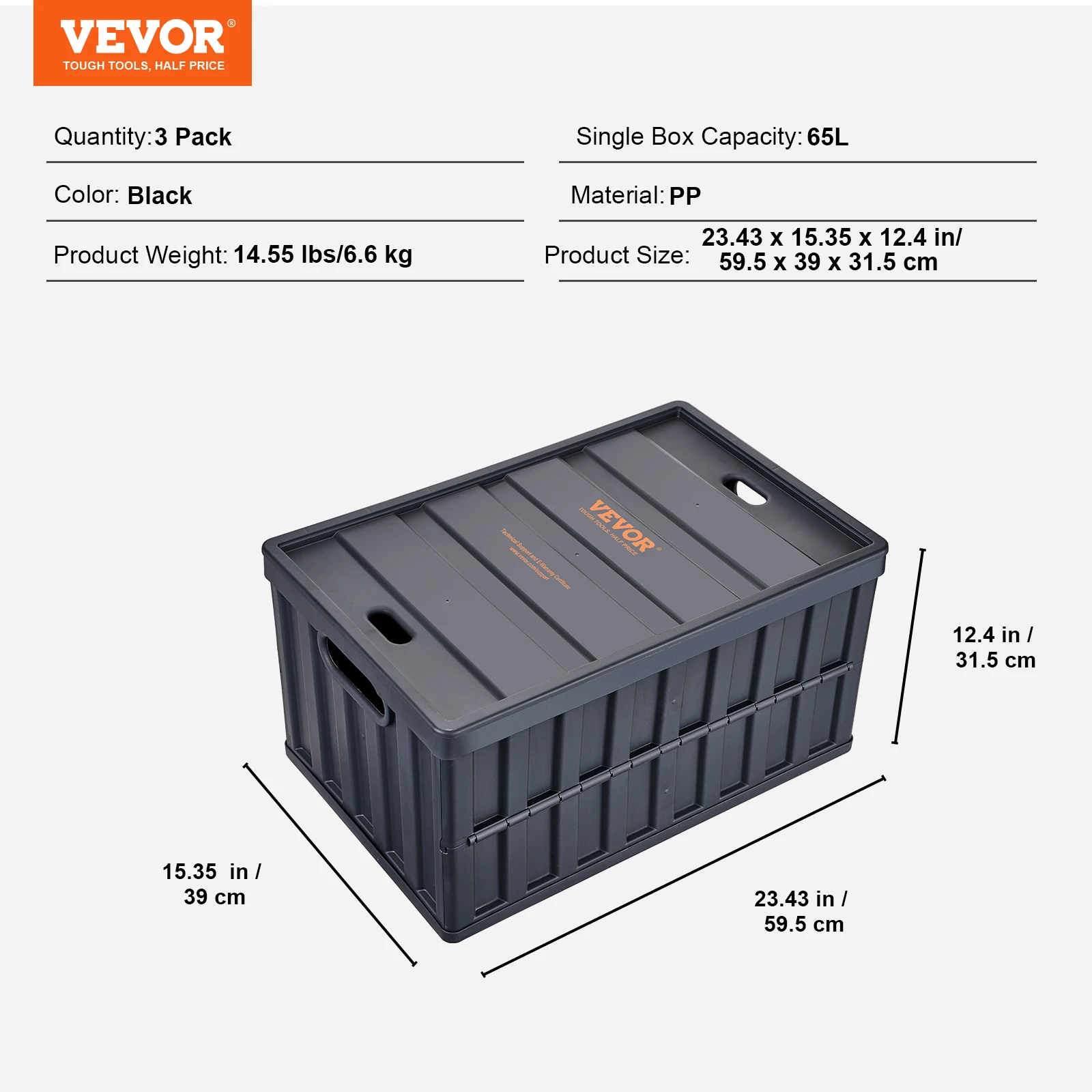 SucceBuy Set van 3 45L/65L Opvouwbare Opbergbakken Opvouwbare Stapelbare Utility Garagekratten met Deksels voor Kleding Snack Kruidenier