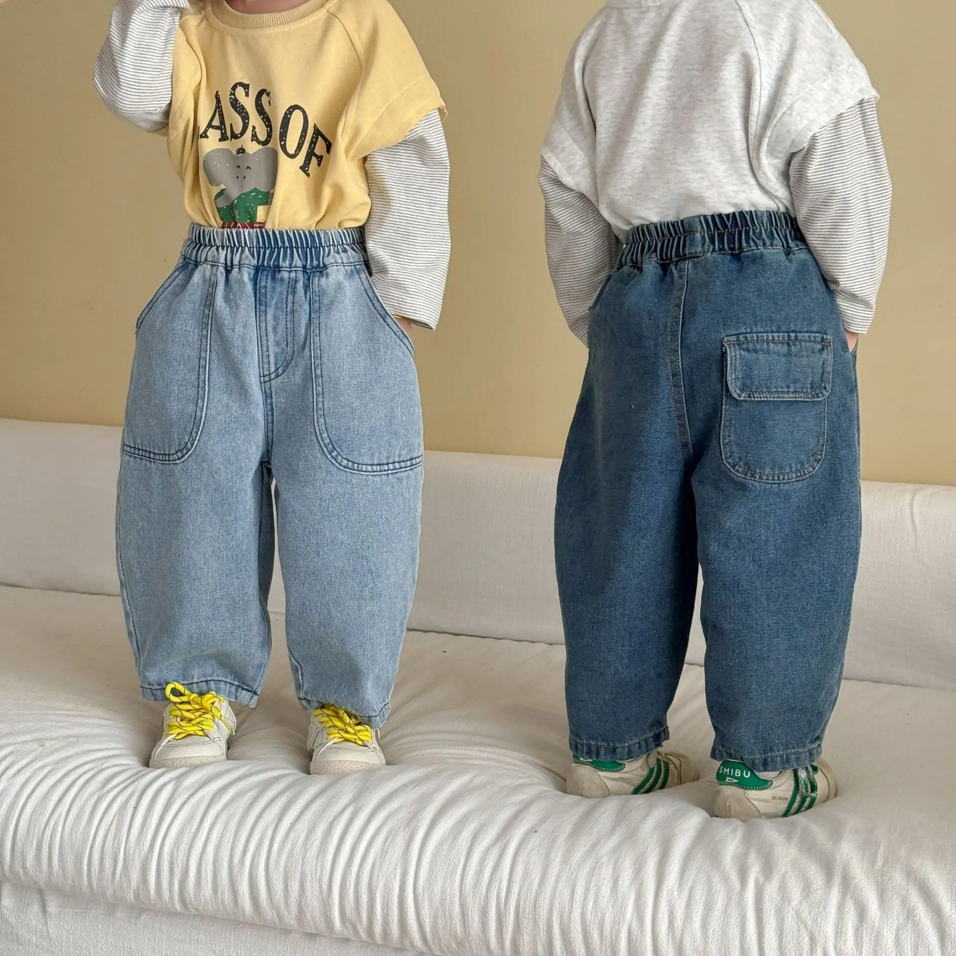 Children's Jeans Loose Trousers 2026 Autumn 1-10Year Girl's Pants Solid Pocket Boys Casual Jeans Toddler Cotton Denim Pants