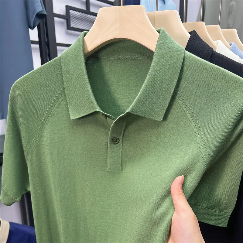 T-shirt da uomo in seta di gelso 2025 Polo estiva classica in maglia Lyocell Top a maniche corte Maglieria da uomo in cotone di seta sottile e traspirante