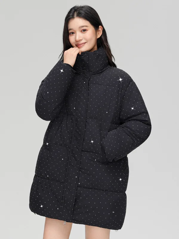 Winter Thiened Women's down Cotton Jaet Long Sve Zipper Closure Mid-Length Loose Fit Faionable Diamond Embellied Coat