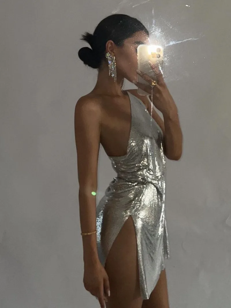 

FestivalQueen Women's Silver Metal Sequin Bodycon Dress One Shoulder Slit Sexy Mini Dress Y2K Fashion Shiny Punk Nightclub Party