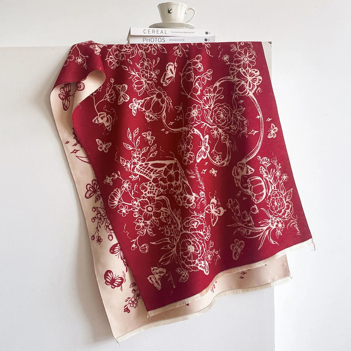 Chic Double Sided Floral Butterfly Cashmere Feel Shawl Wrap For Ladies Soft Cozy Fringe Design Perfect Gift Choice For Female