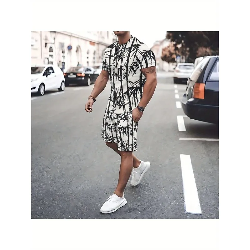 2025 Summer Fashion New Trend Retro Men's T-shirt 3D Digital Printing Creative Casual Round Neck Short Sleeved Shorts Set