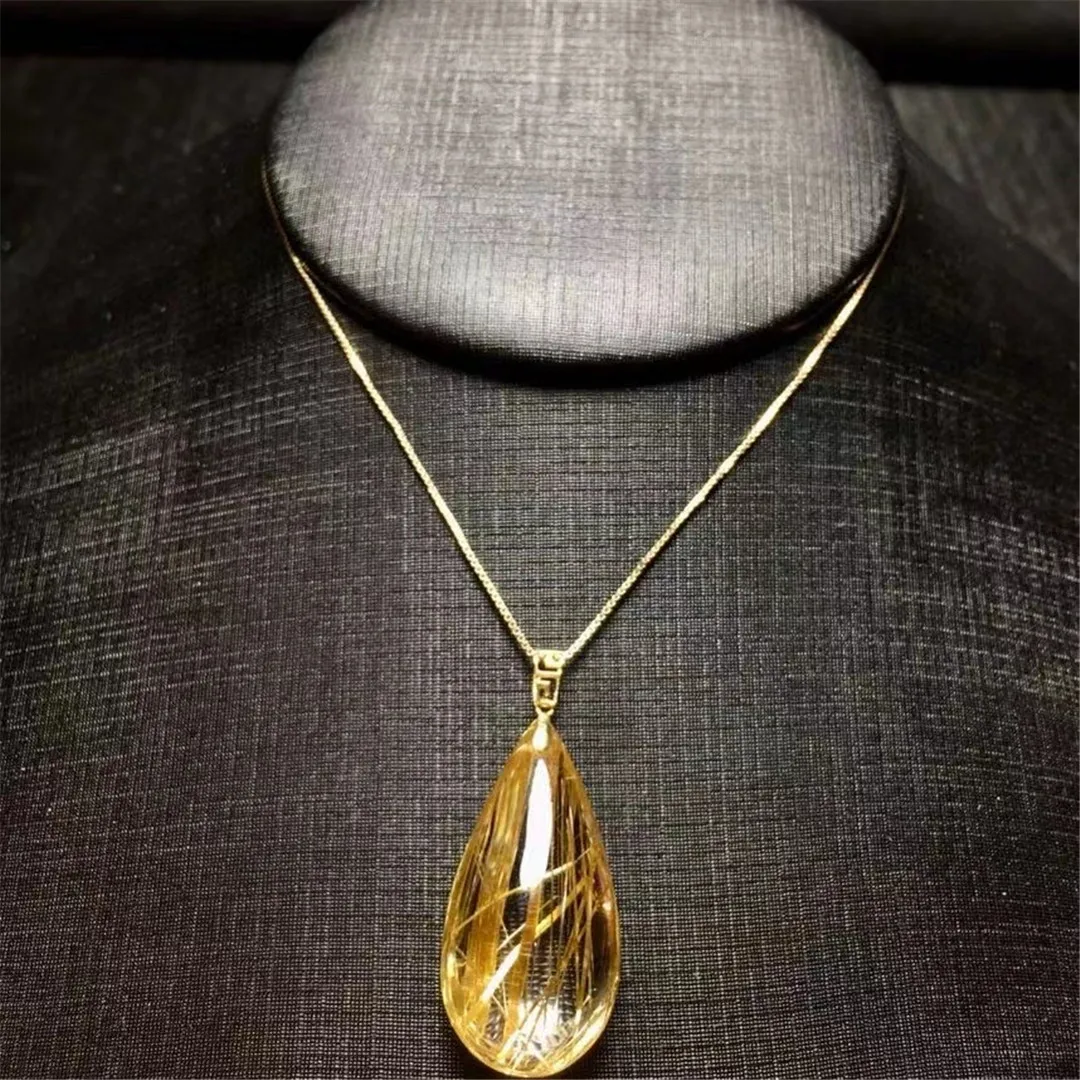 Natural Gold Hair Rutilated Quartz Pendant Jewelry For Woman Lady Man Healing Luck Gift 18K Gold Crystal 30x14x10mm Beads AAAAA