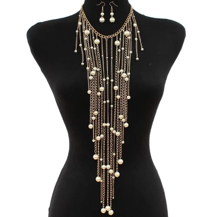 

A set of fashionable personalized pearl beaded necklace earrings, body chain necklace special for European American jewelry.