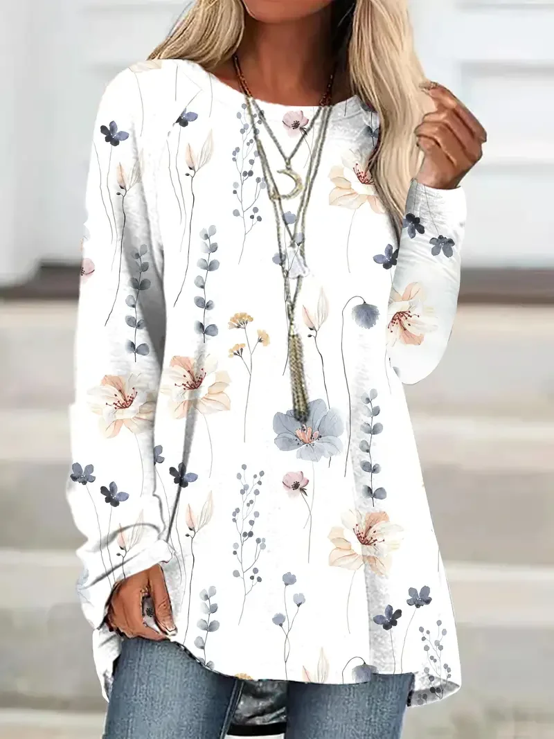 

Women's newTT-shirt Autumn Long Sleeve Fashion Print Color Block Round Neck Base Shirt Top