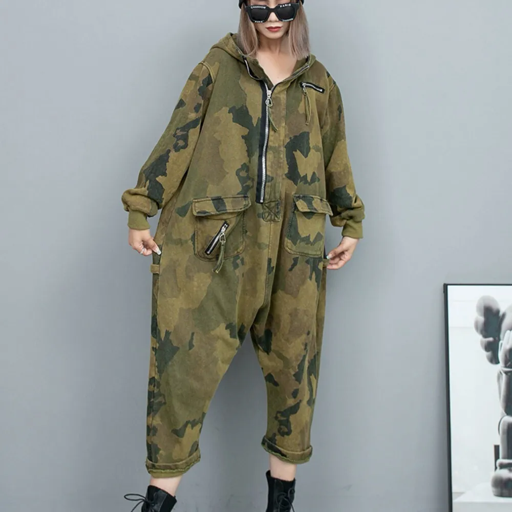 

Fashionable Personalized Vintage Camouflage Long Sleeved Hooded Jumpsuit Women Spring Autumn LX814F1