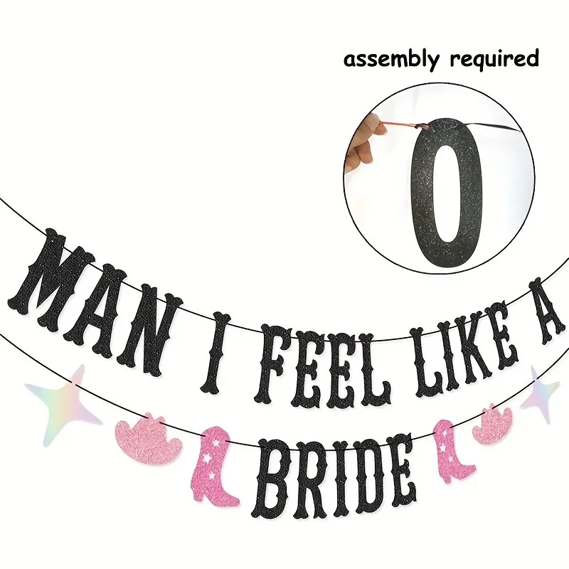 "Man I Feel Like A Bride" Black Glitter Banner, Western Cowgirl Bachelorette Garland with Pink Cowboy Boots & Hats view 3