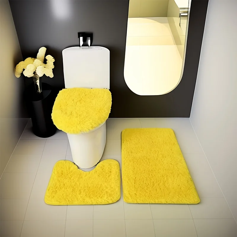 3pcs Soft Bathroom Rugs Set, Water Absorbent Carpet And Mat Set, Bath Toilet Non-Slip Mat Set, Yellow/Pink