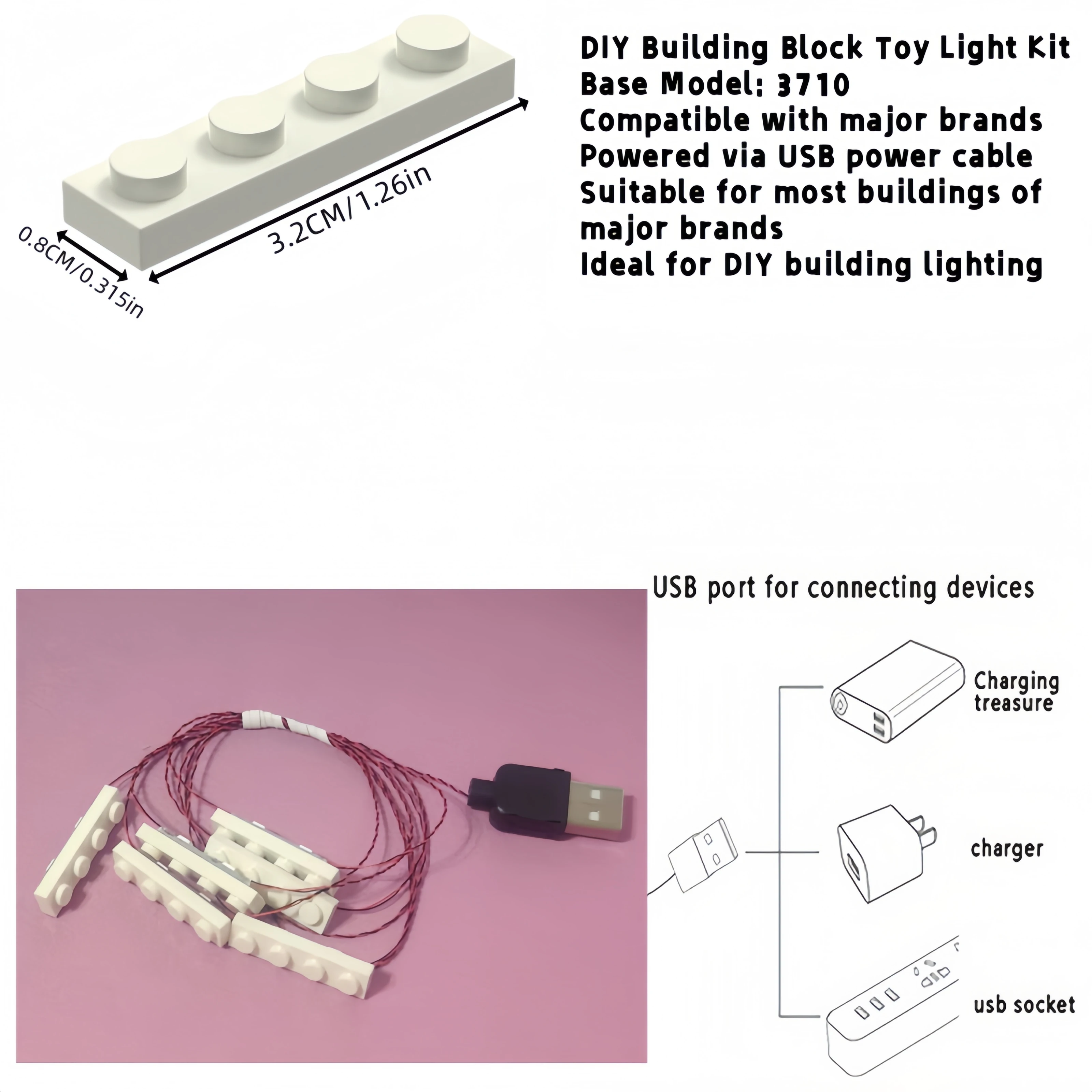 مجموعة إضاءة مكعبات البناء 1X4 - متوافقة مع العلامات التجارية الكبرى، مجموعة تعديل إضاءة كتلة الألعاب Moc، تعمل بمنفذ USB