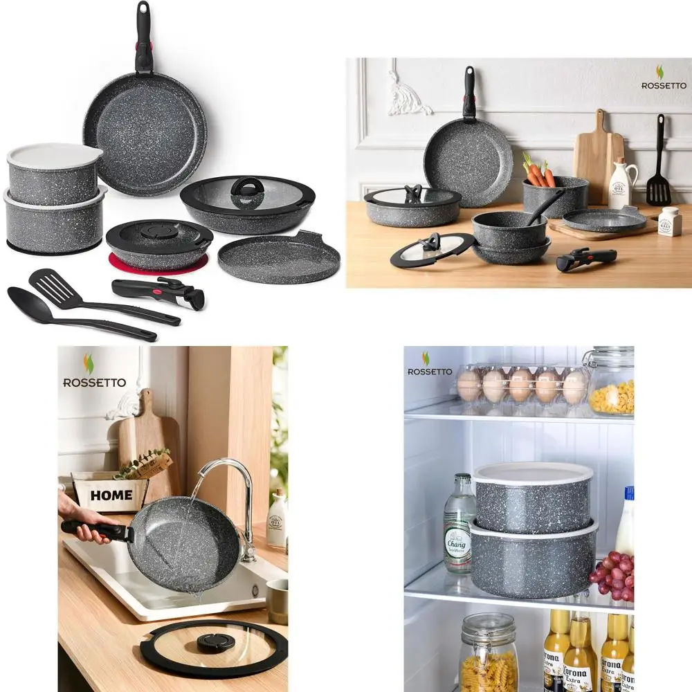 

16-предметный набор антипригарной алюминиевой посуды с отсоединяемыми ручками, складывающийся и пригодный для использования в духовке, совместимый с индукционными плитами