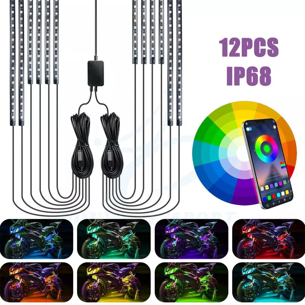 12PCS Motorcycle RGB LED Strip Light Under Glow Neon Kit Bluetooth APP Control