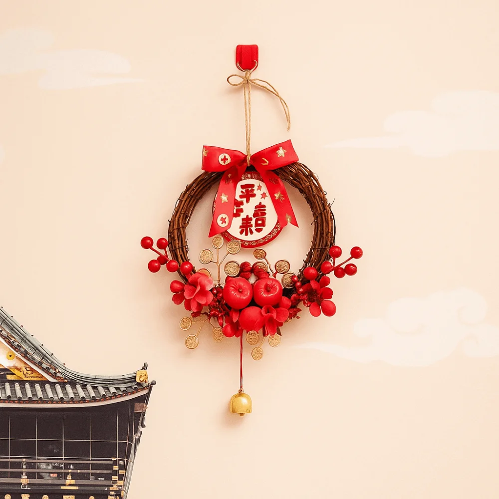 

Traditional Chinese New Year Wreath Decorative Rattan Hanging Wreath with Bell Exquisite Front Door Wreath Holiday Party